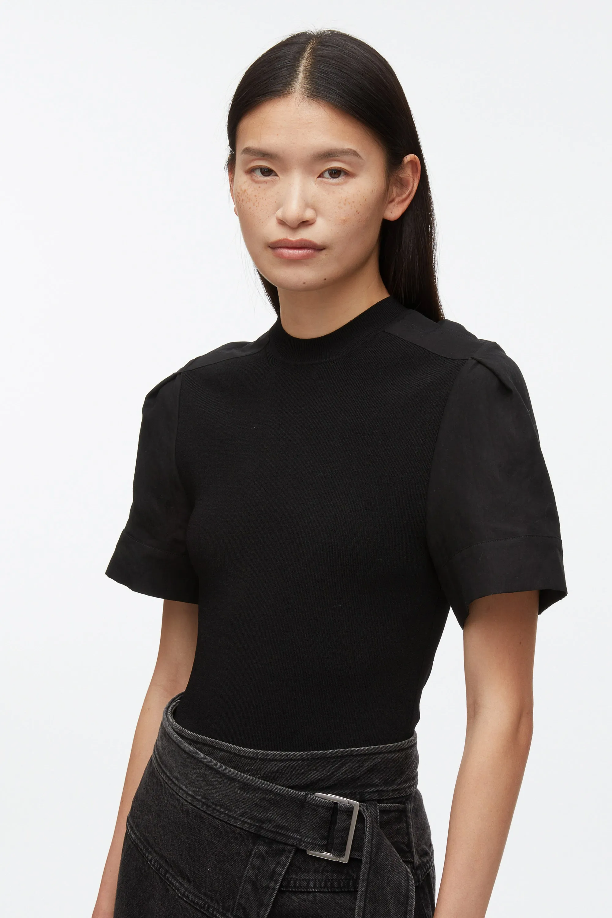 Compact Rib Top with Contrast Sleeves