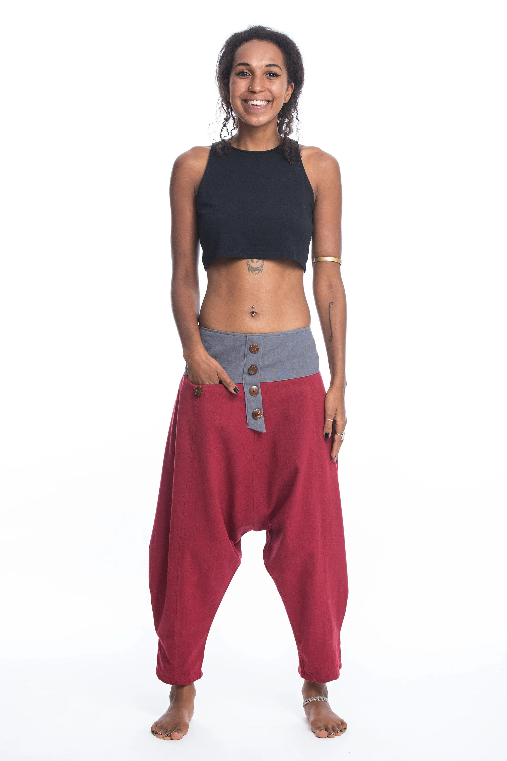 Cotton Women's Harem Pants with Faux Buttons in Red