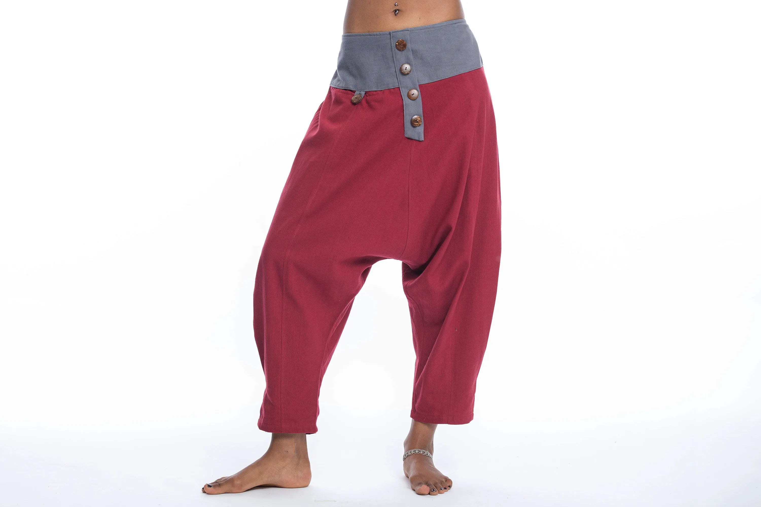 Cotton Women's Harem Pants with Faux Buttons in Red