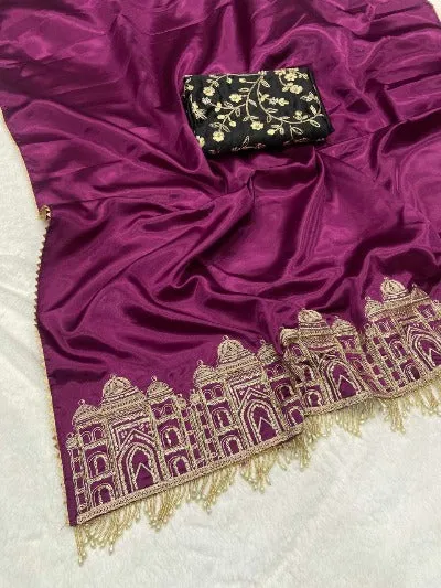 Dark Pink Satin Silk Embroidered Saree With Lace Work