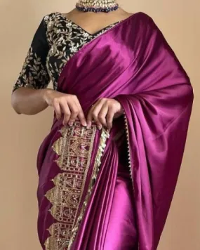 Dark Pink Satin Silk Embroidered Saree With Lace Work