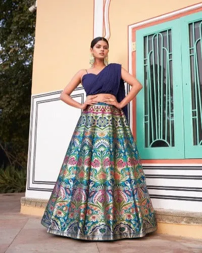 Dark Powder Blue Banarasi Silk Digital Print Semi Stitched Lehenga Choli Set