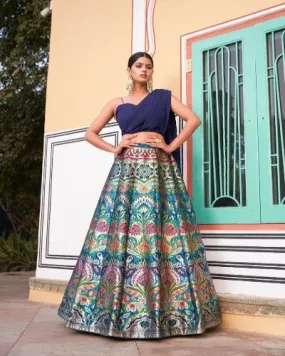 Dark Powder Blue Banarasi Silk Digital Print Semi Stitched Lehenga Choli Set