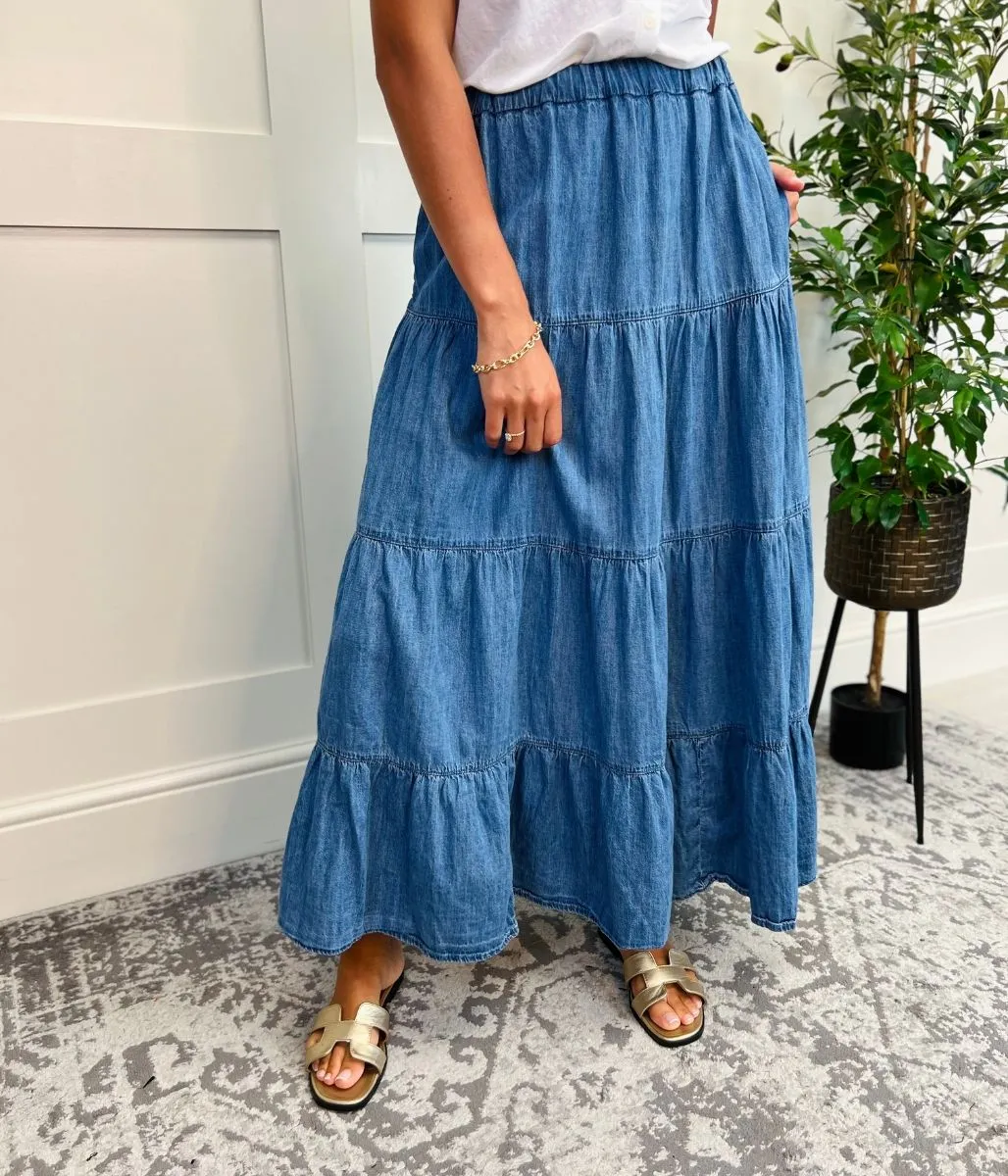 Denim Tiered Midi Skirt