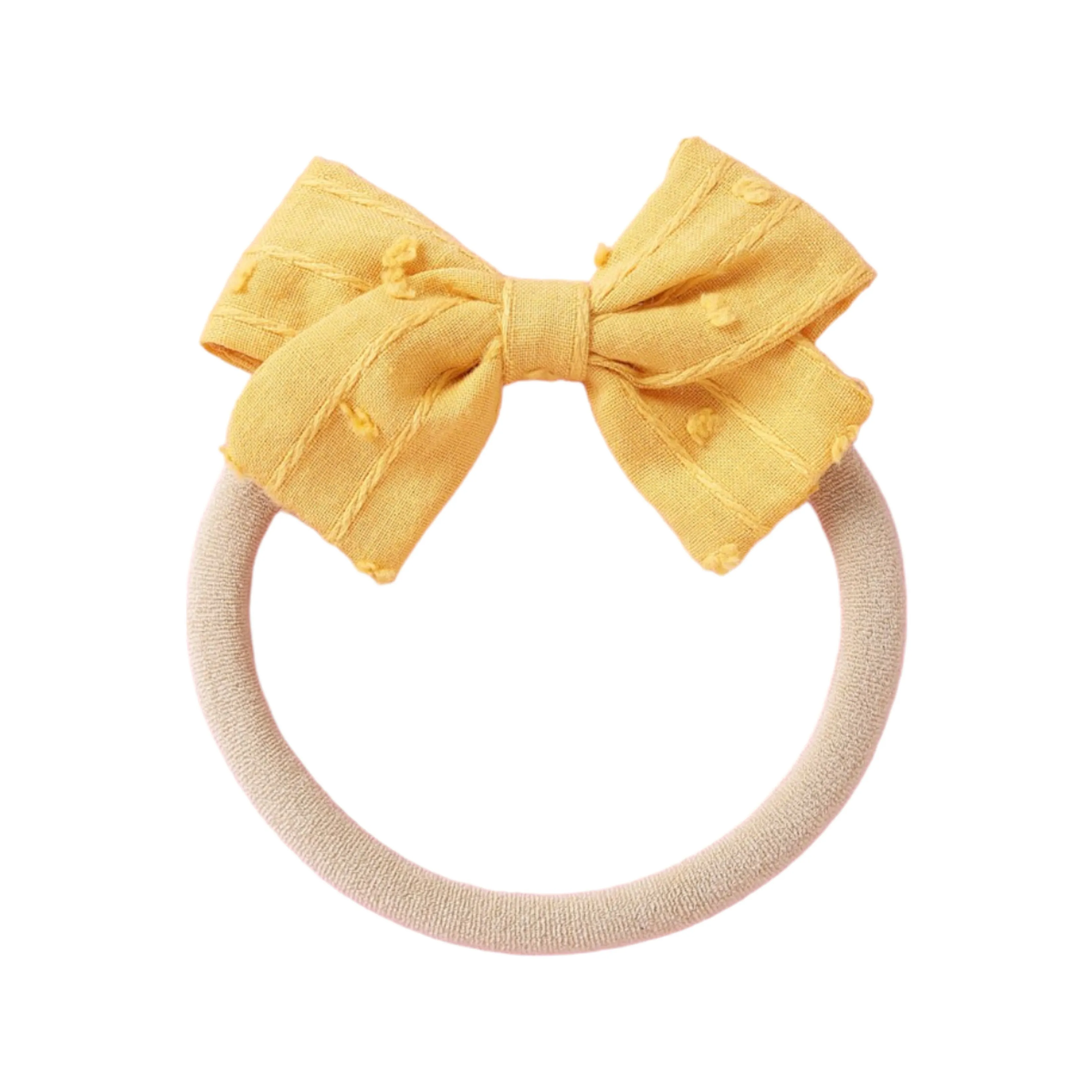 Dotty Embroidered Cotton Baby Bow in Lemon