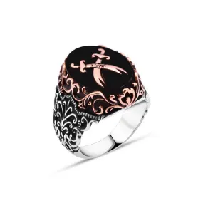 Double Zulfiqar Sword on Black Ellipse Onyx Stone Silver Men's Ring with Wavy Pattern Around