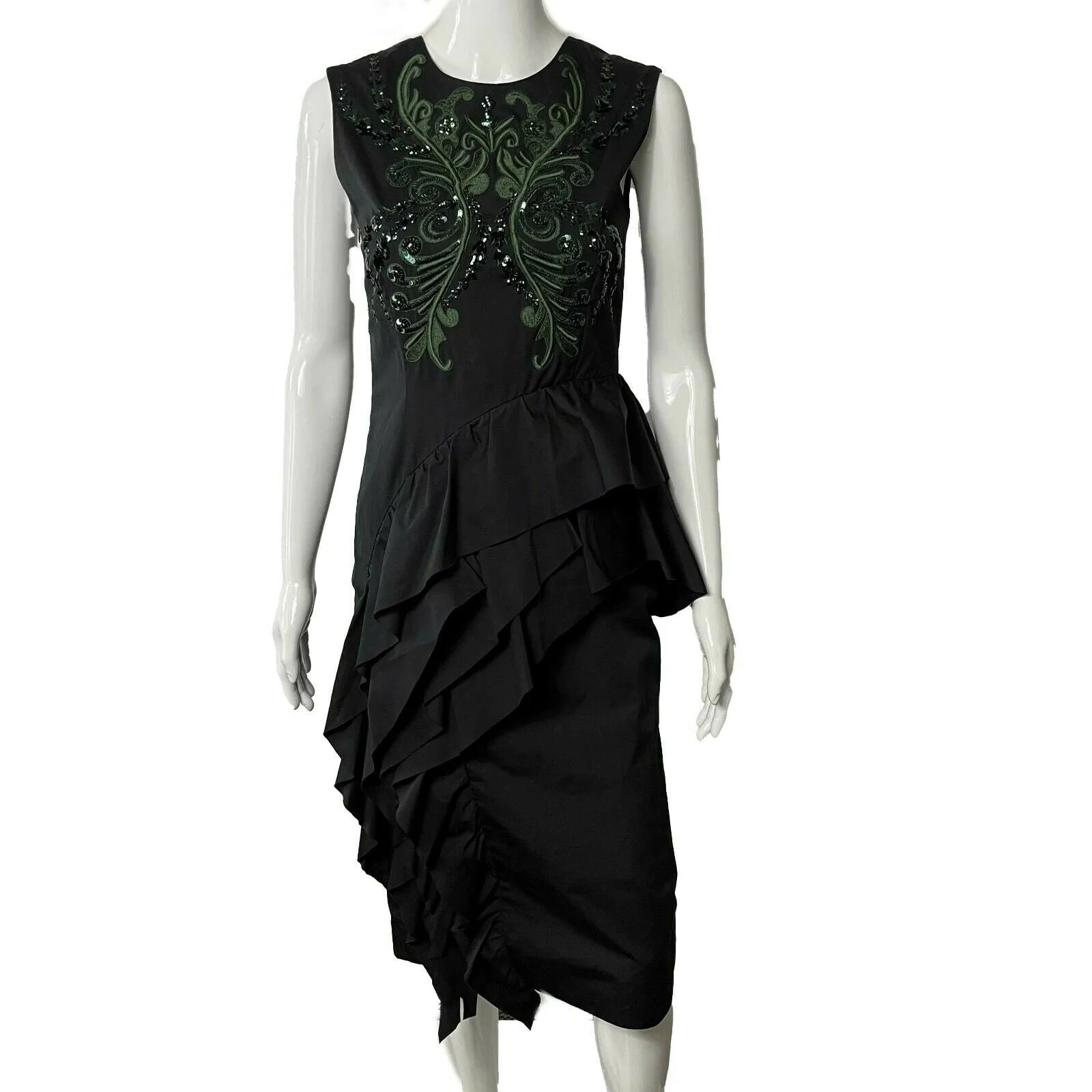 Dries Van Noten - Darrel Sequined Asymmetric Ruffle - Black /Green Dress 34 US 2