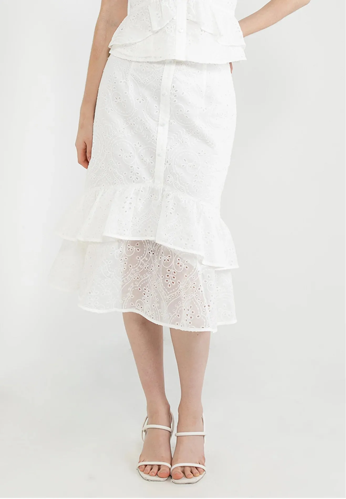 ELLE Apparel Blossom ETiered Broderie Organza Midi Skirt