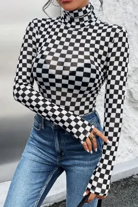 Explore More Collection - Checkered Turtleneck Long Sleeve Bodysuit