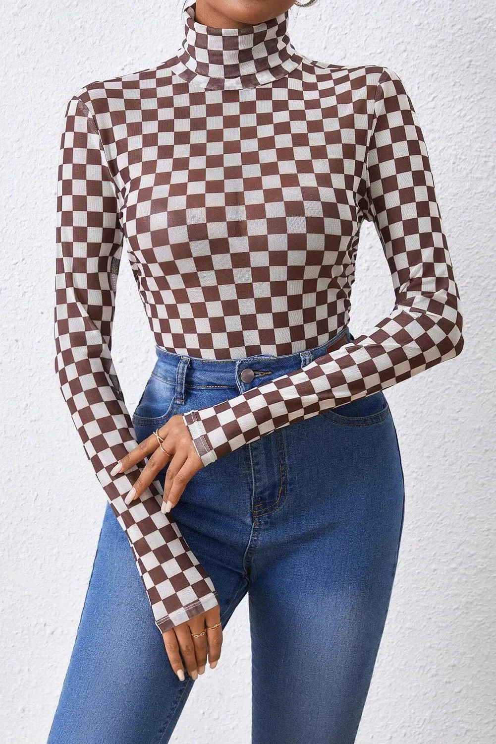 Explore More Collection - Checkered Turtleneck Long Sleeve Bodysuit