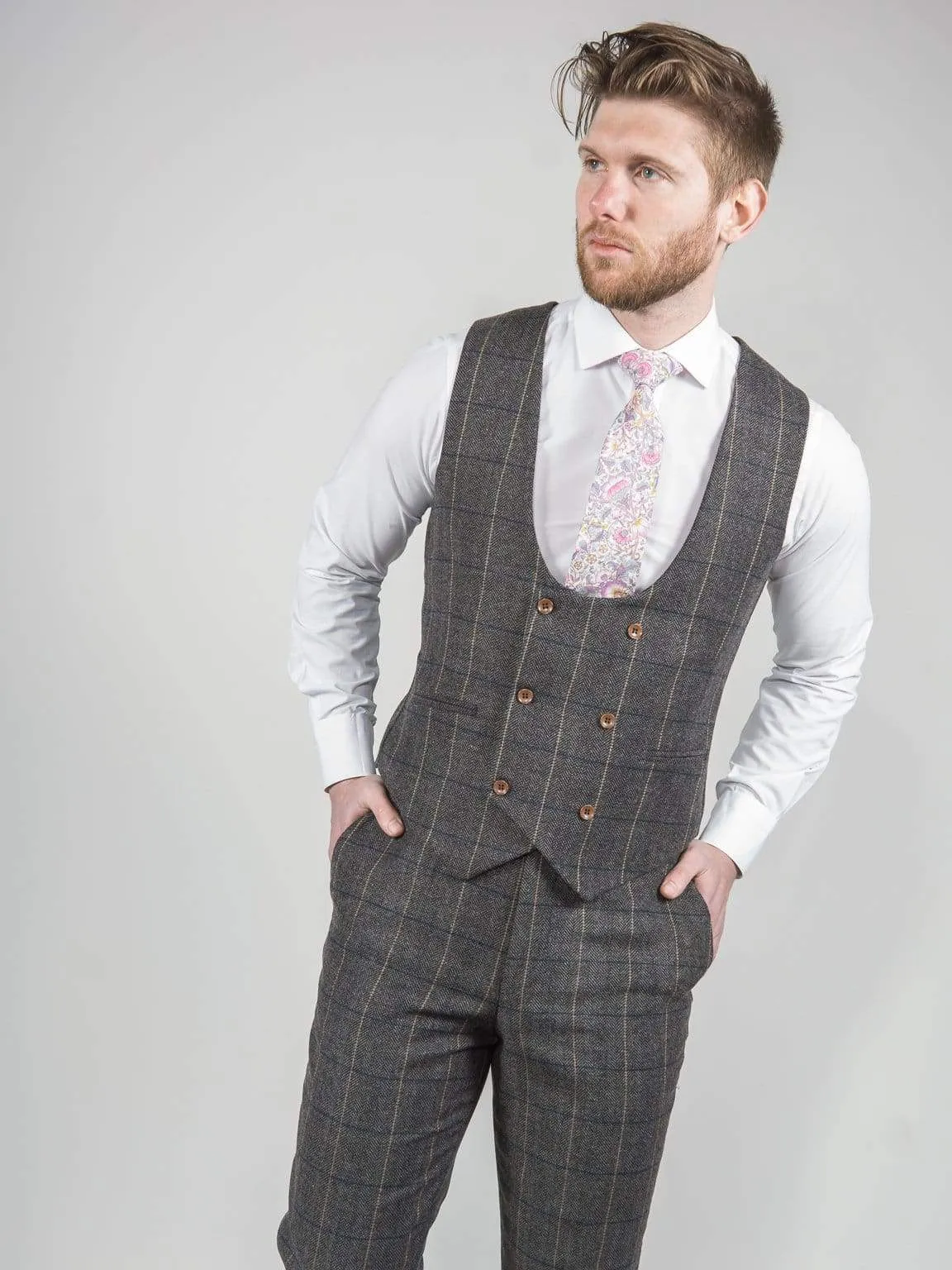 Ezra Men's Grey Herringbone Slim Fit Tweed Waistcoat