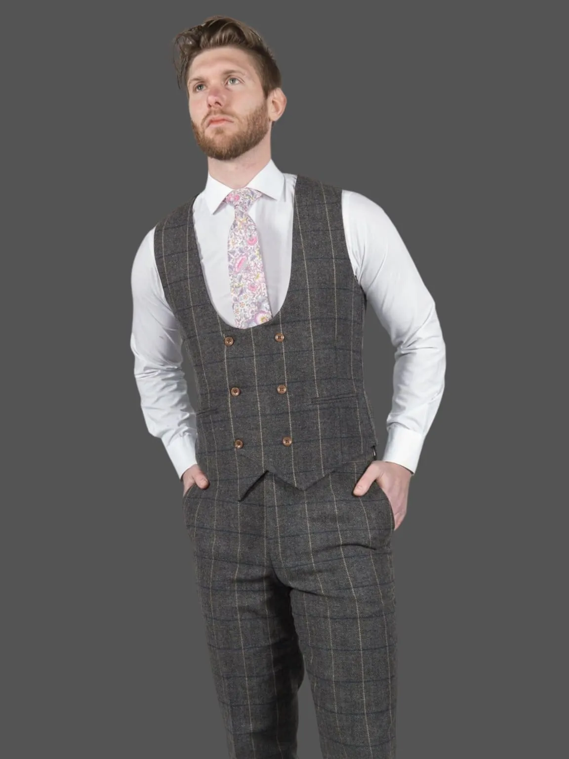 Ezra Men's Grey Herringbone Slim Fit Tweed Waistcoat