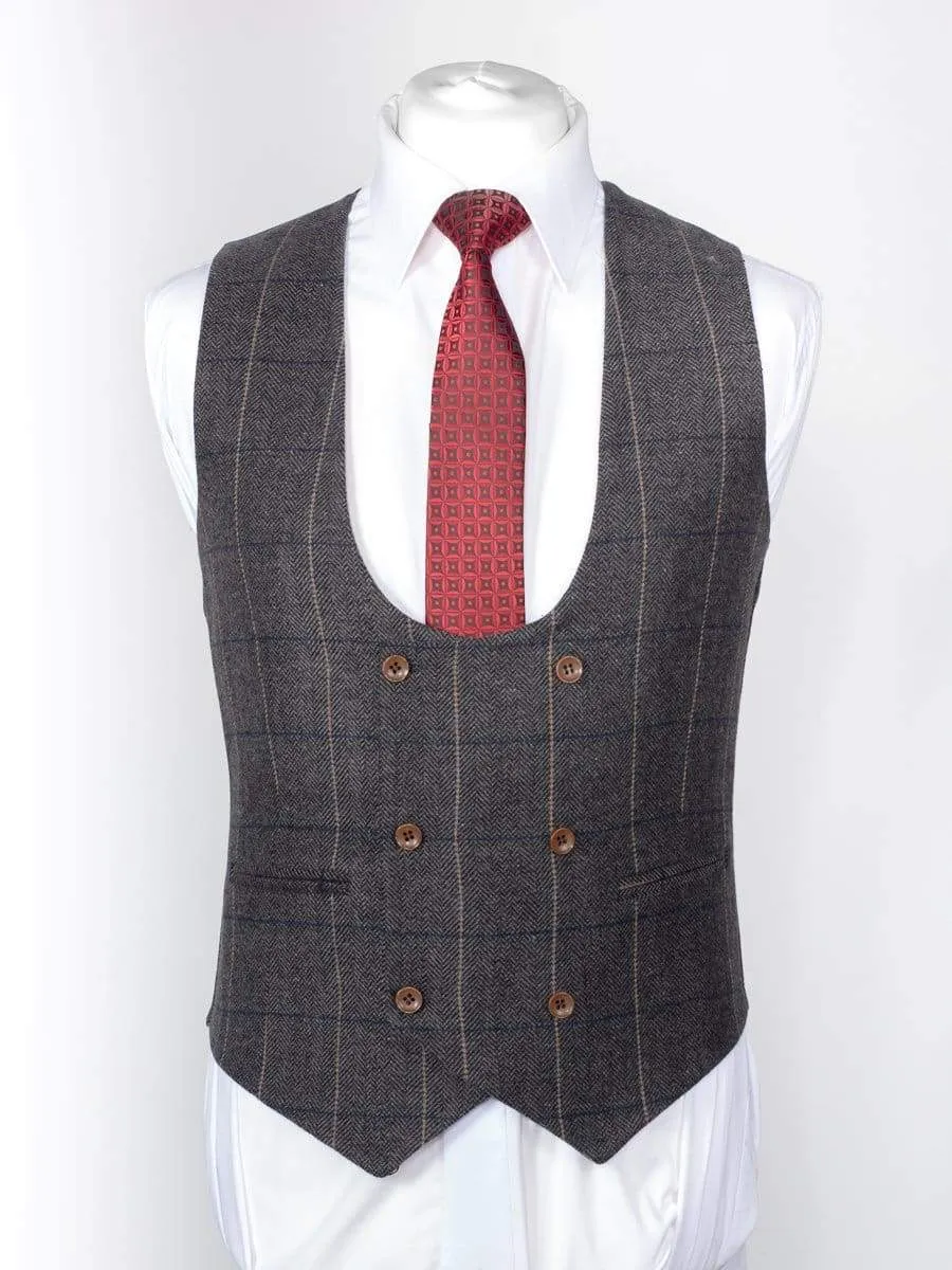 Ezra Men's Grey Herringbone Slim Fit Tweed Waistcoat