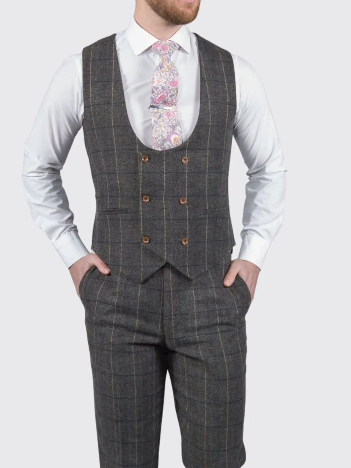 Ezra Men's Grey Herringbone Slim Fit Tweed Waistcoat