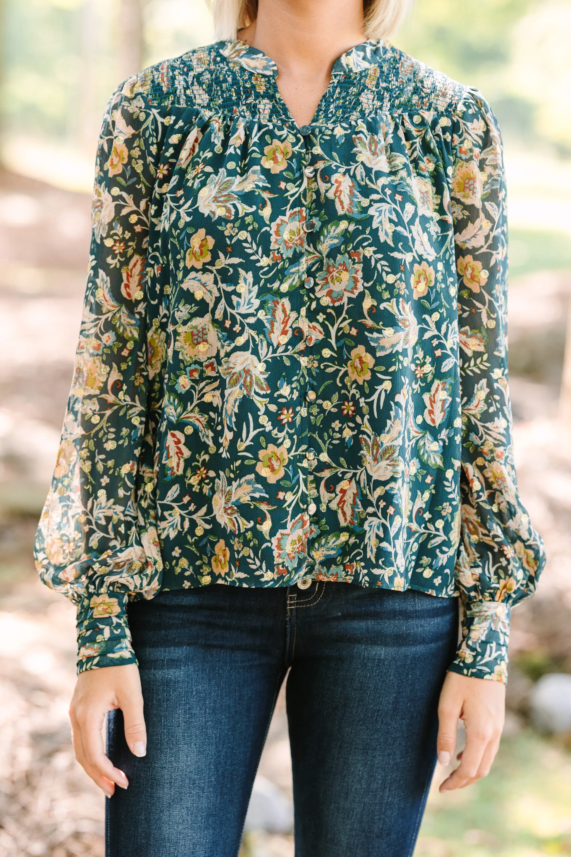 Fate: Falling For You Hunter Green Floral Blouse