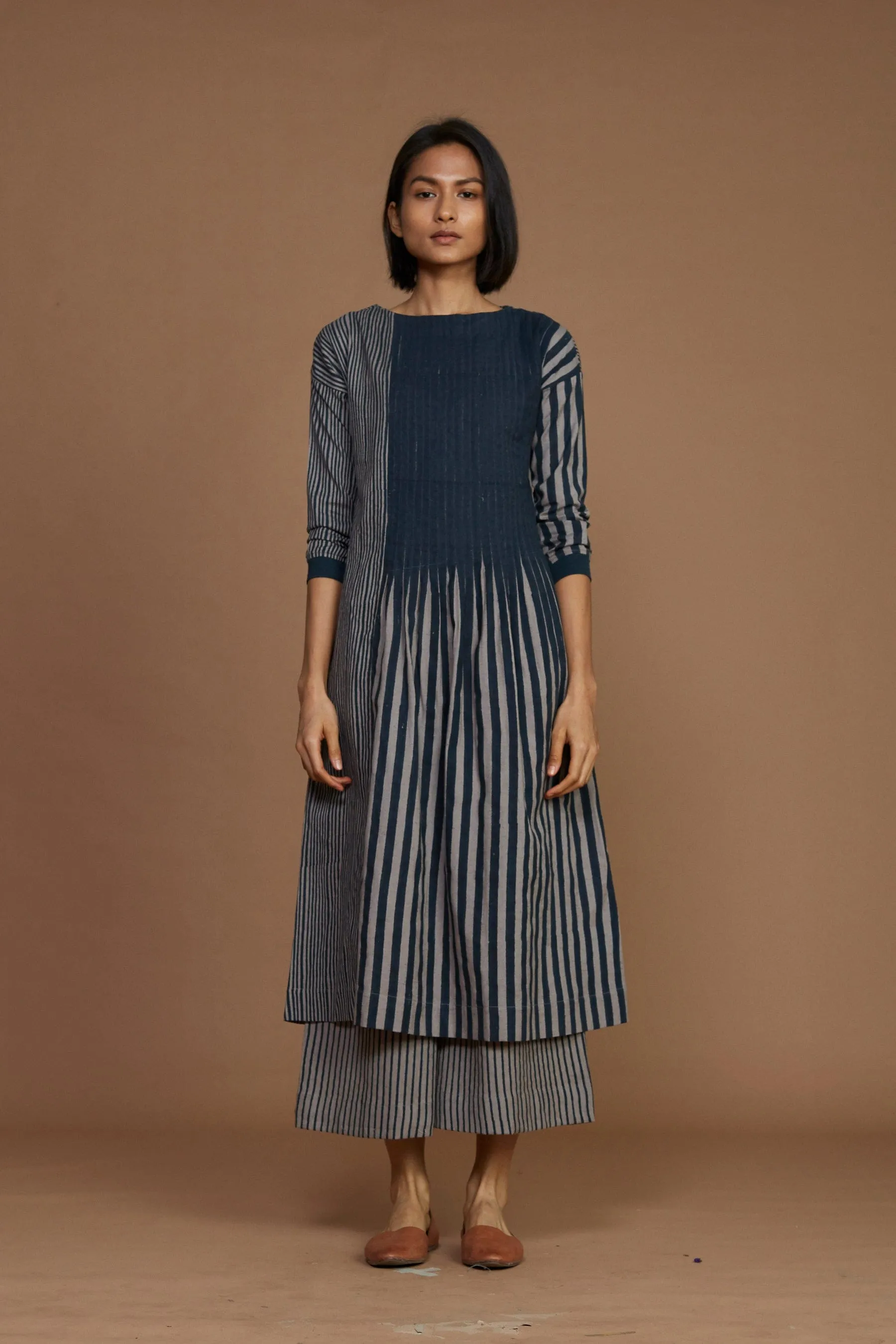 Grey With Charcoal Striped Pleated Co-Ord Set