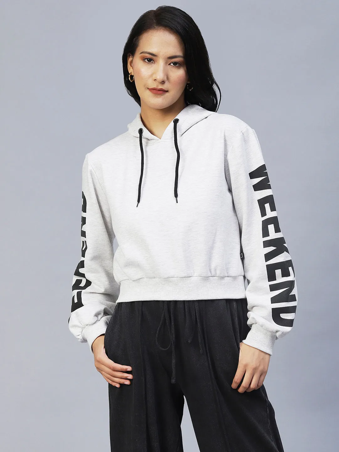 Hooded Printed Sleeves Fleece Sweatshirt