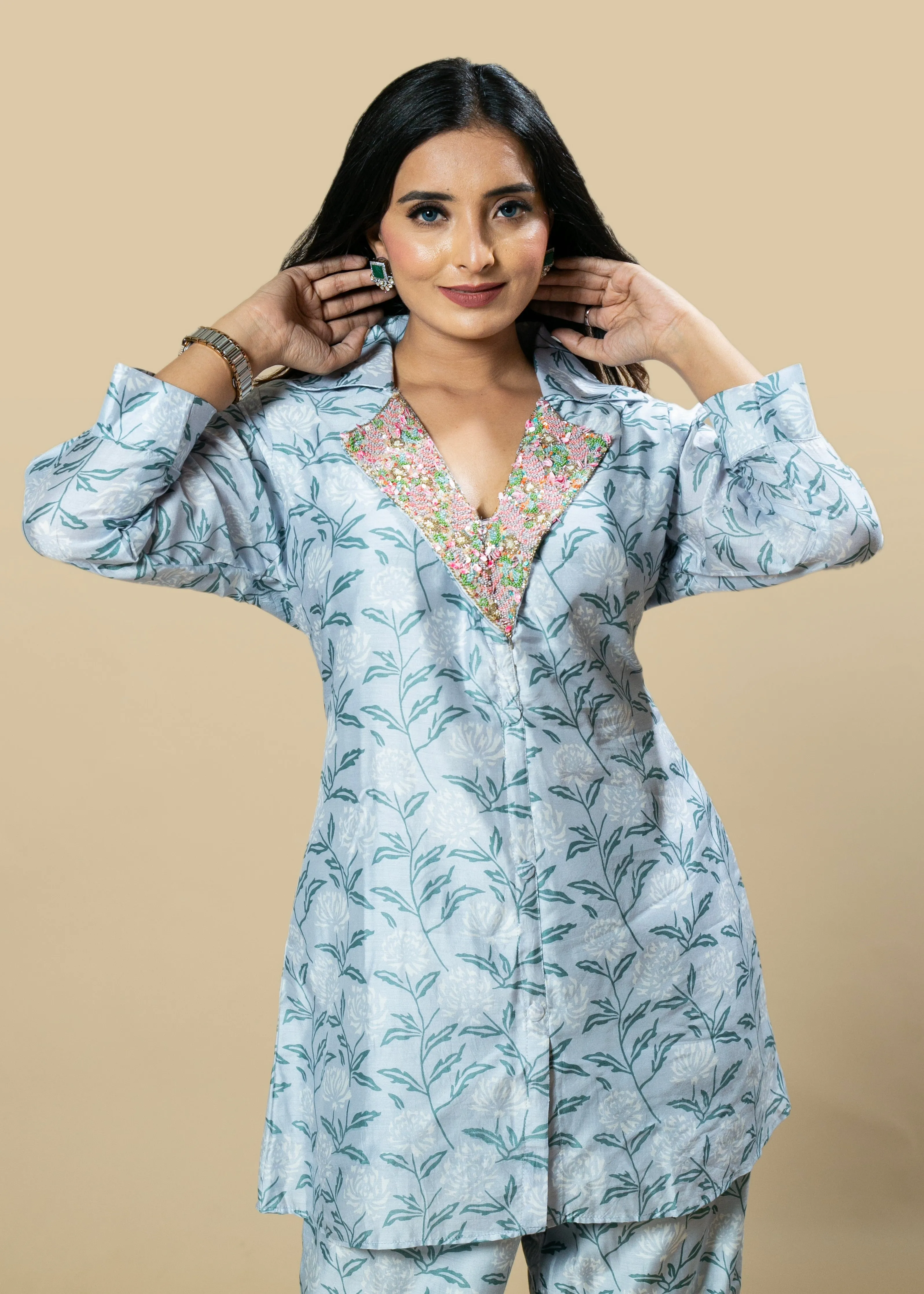 Ice blue Hand-Embroidered Abstract Print Muslin Coord Set