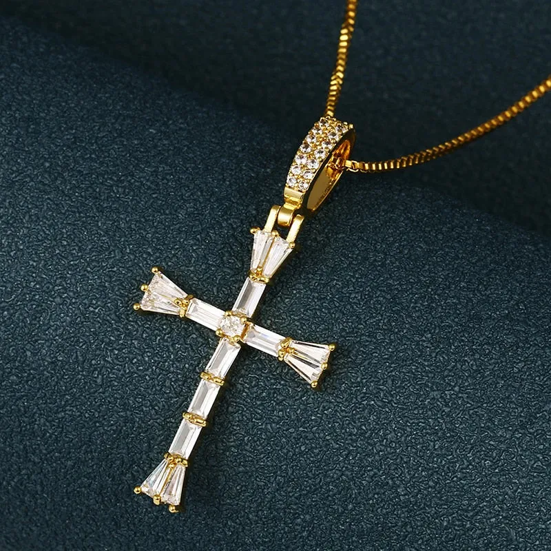 Iced Out Cross Baguette Pendant Necklace For Women