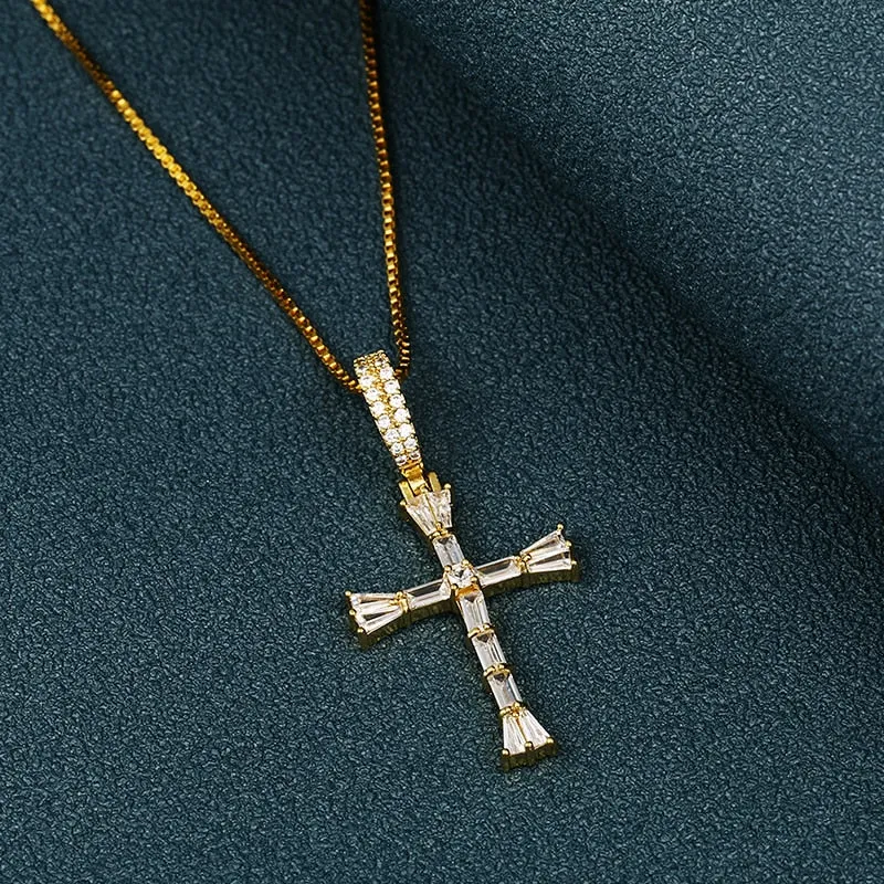 Iced Out Cross Baguette Pendant Necklace For Women