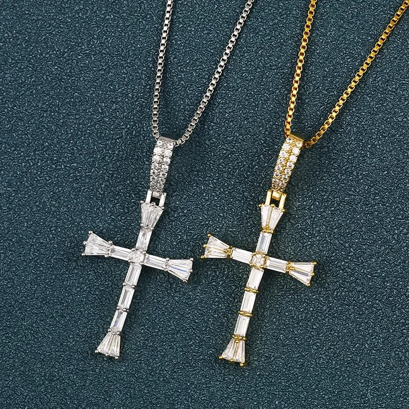 Iced Out Cross Baguette Pendant Necklace For Women