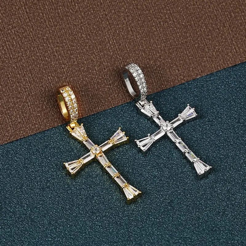 Iced Out Cross Baguette Pendant Necklace For Women