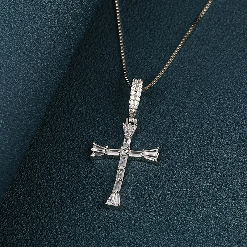 Iced Out Cross Baguette Pendant Necklace For Women