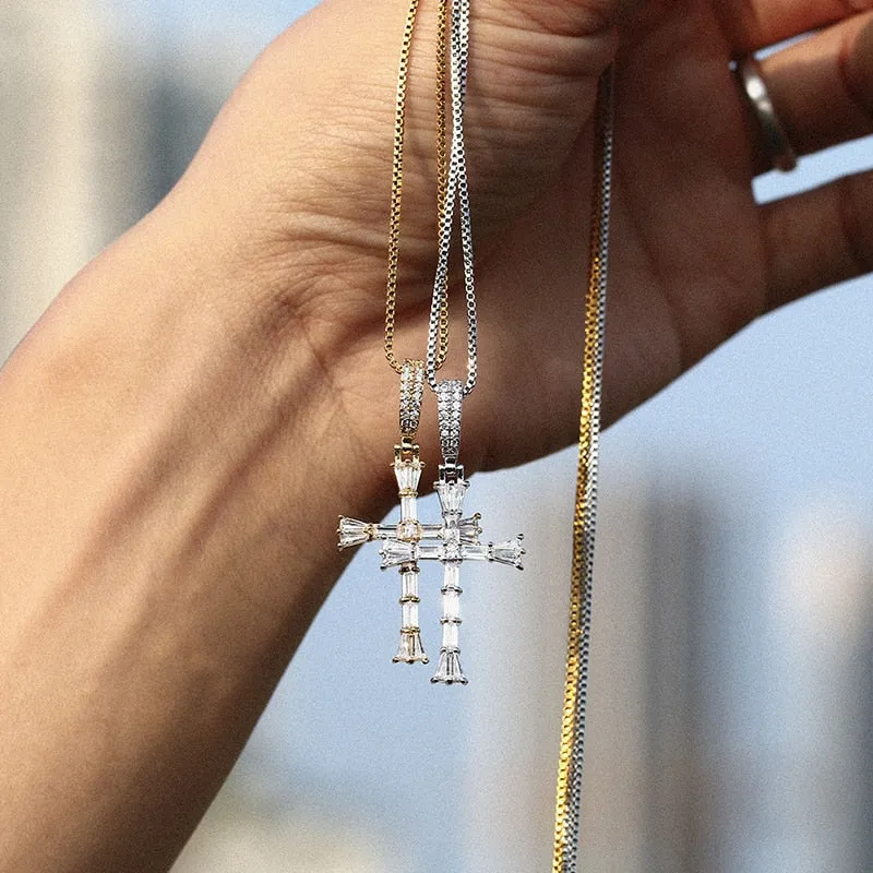 Iced Out Cross Baguette Pendant Necklace For Women