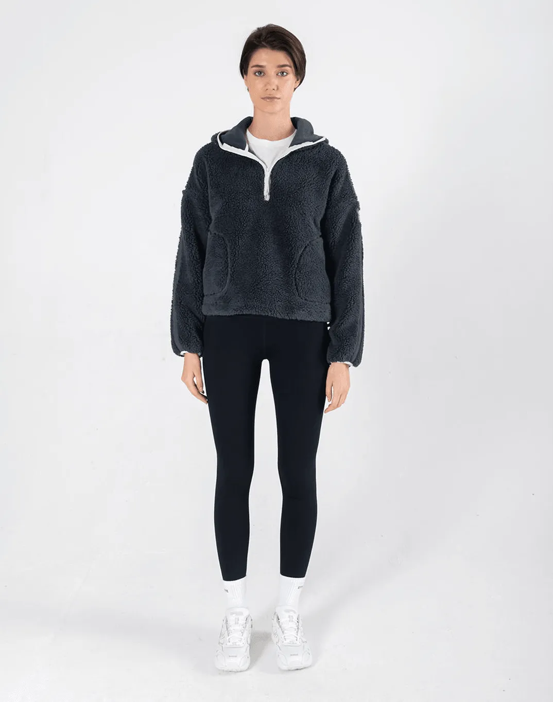 Industry Fleece Hooded Crop Half Zip in Midnight Grey