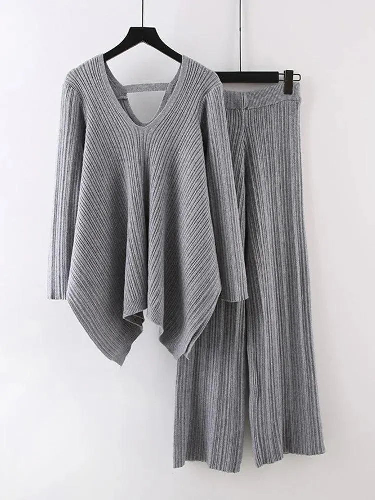 Irregular V-Neck Women Pants Sweater Set