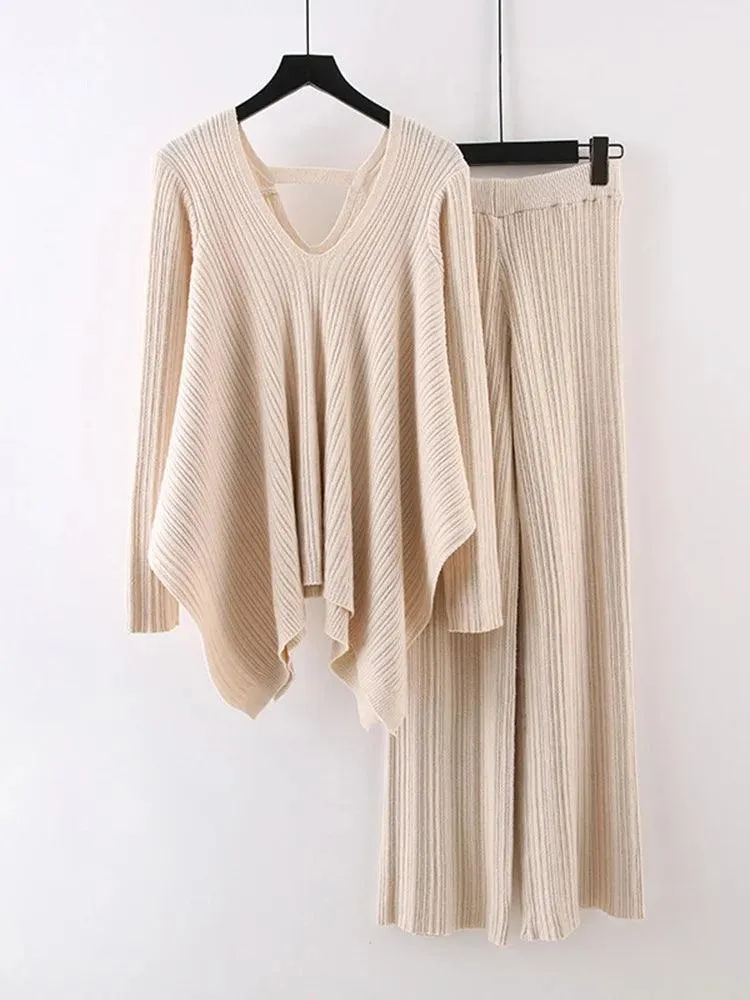 Irregular V-Neck Women Pants Sweater Set