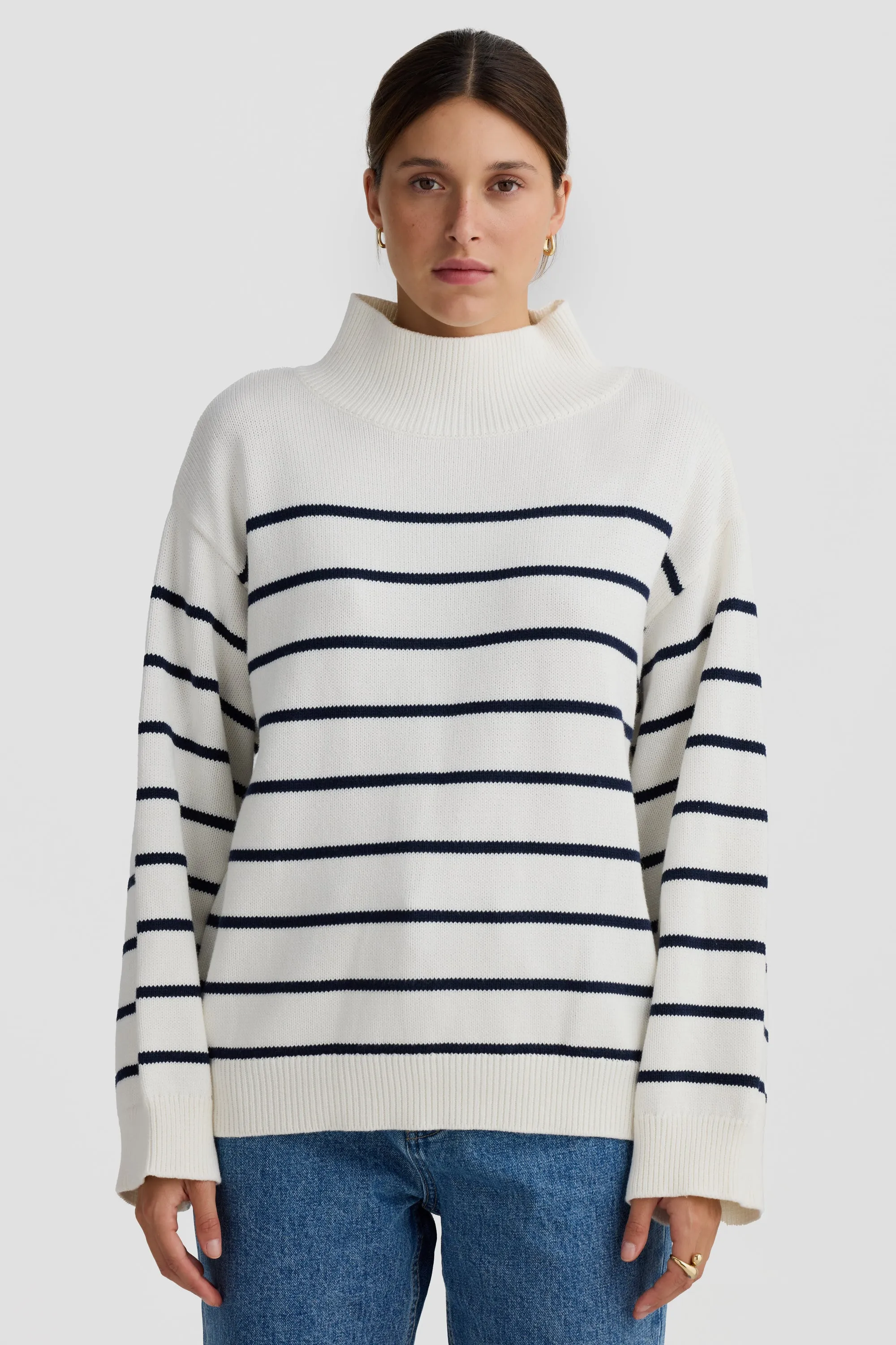 Joanie Turtle Neck Knit Sweater White and Navy