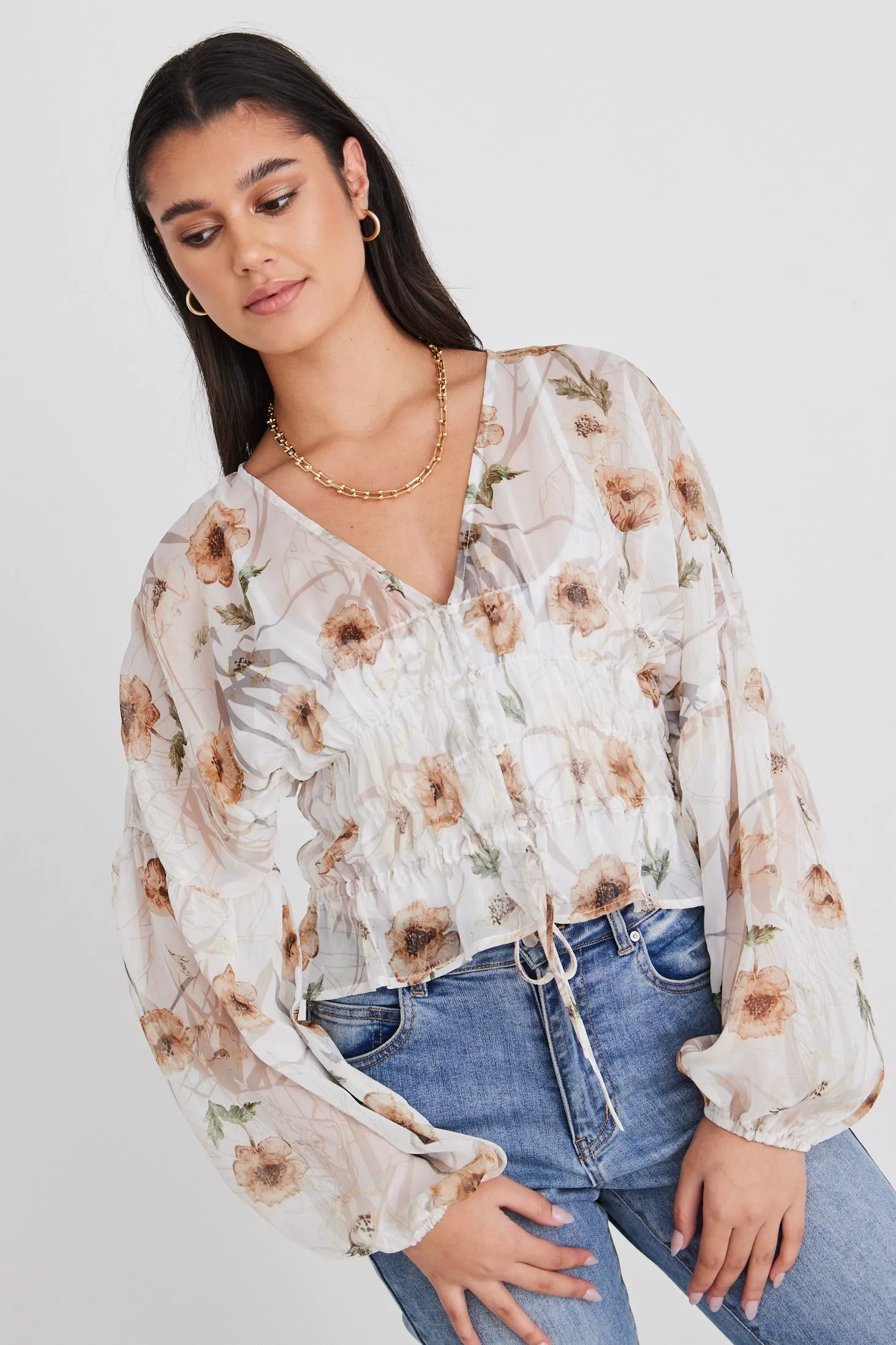 Jolie Beige Floral LS Button Down Top