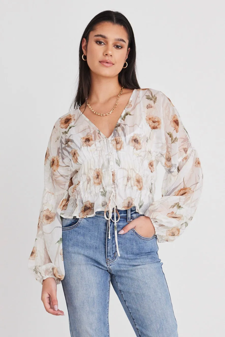 Jolie Beige Floral LS Button Down Top