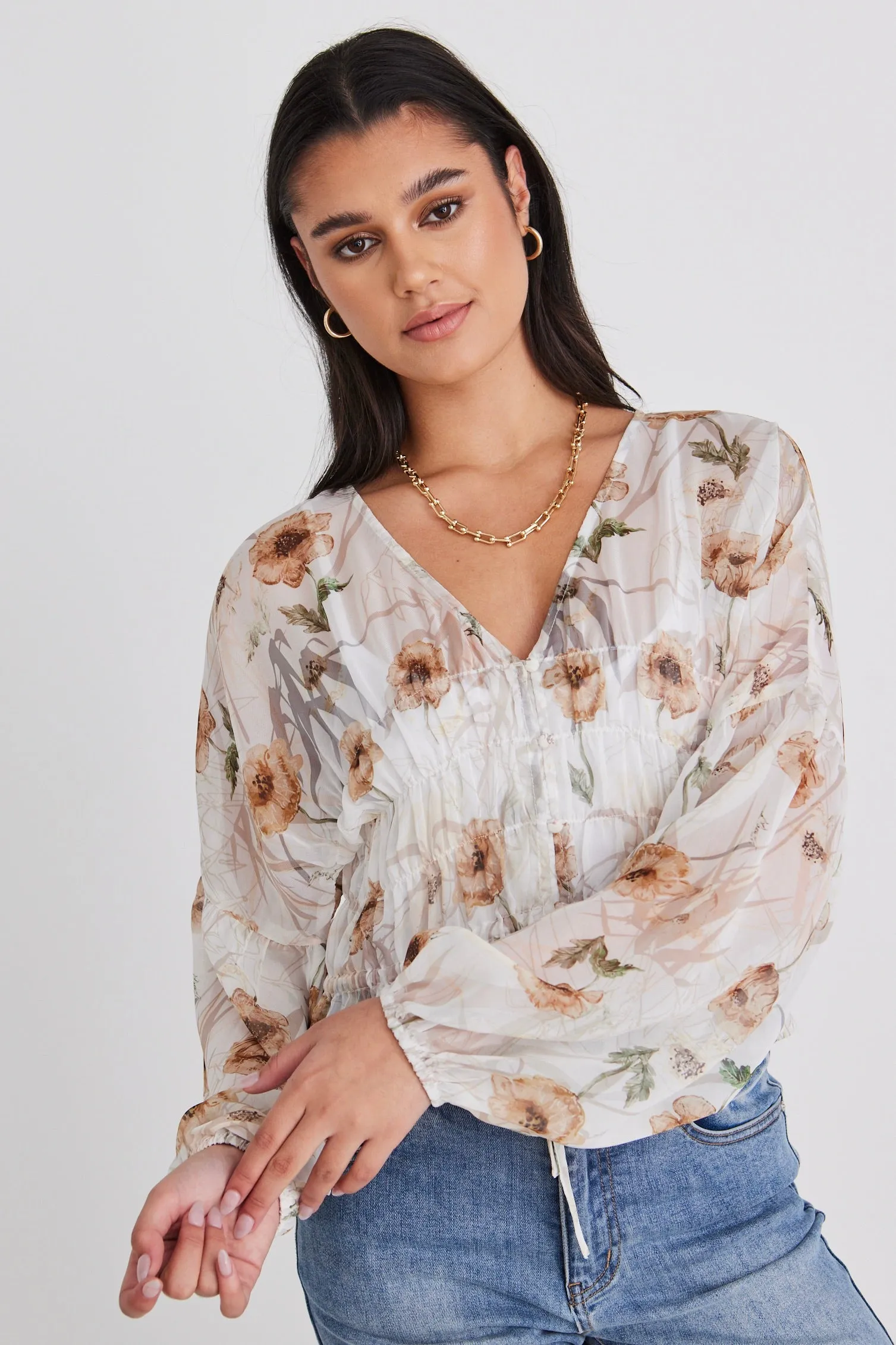 Jolie Beige Floral LS Button Down Top