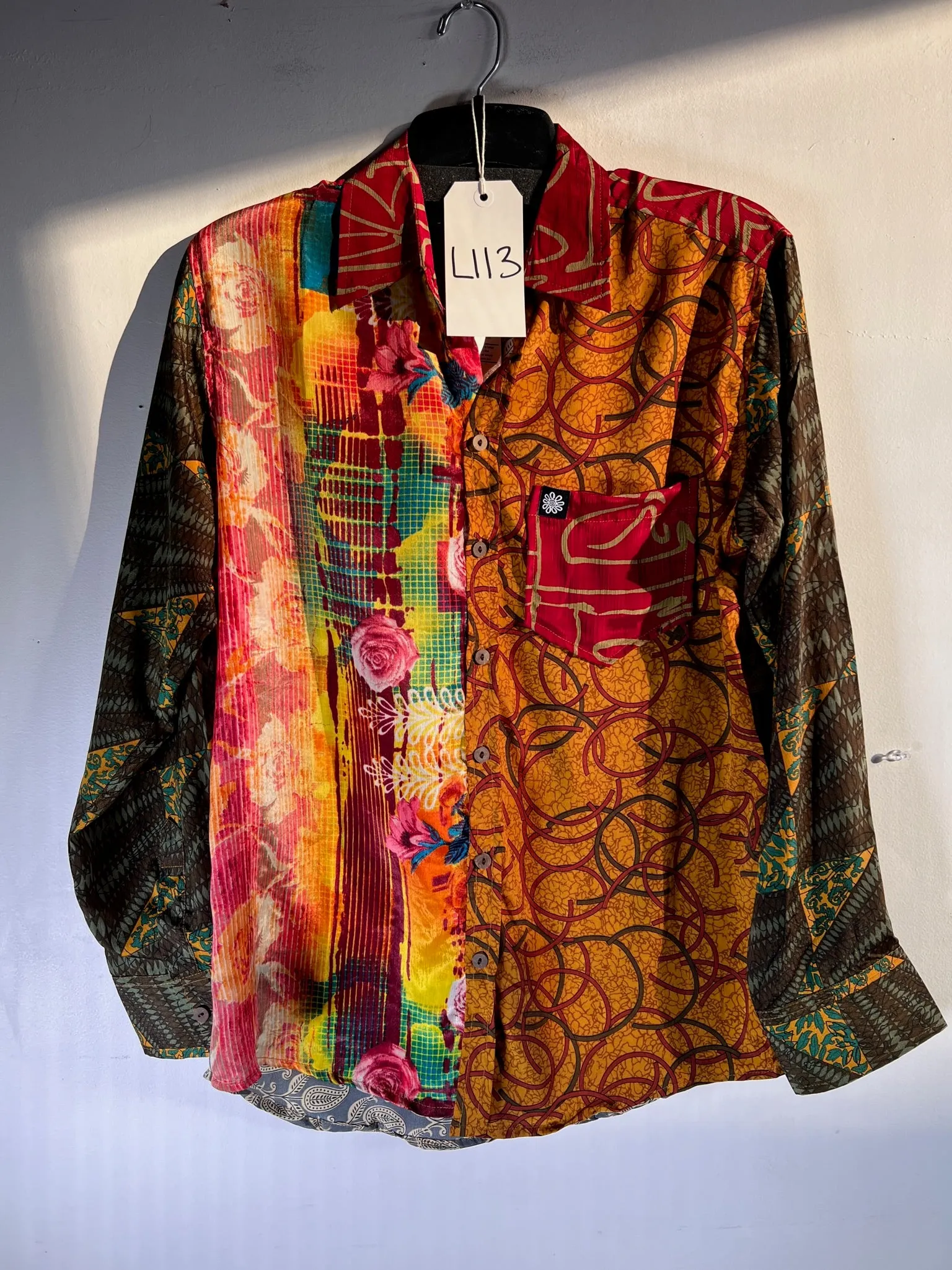 L113 Large Fire on the Mountain Upcycled Patchwork Sari Silk Button Up