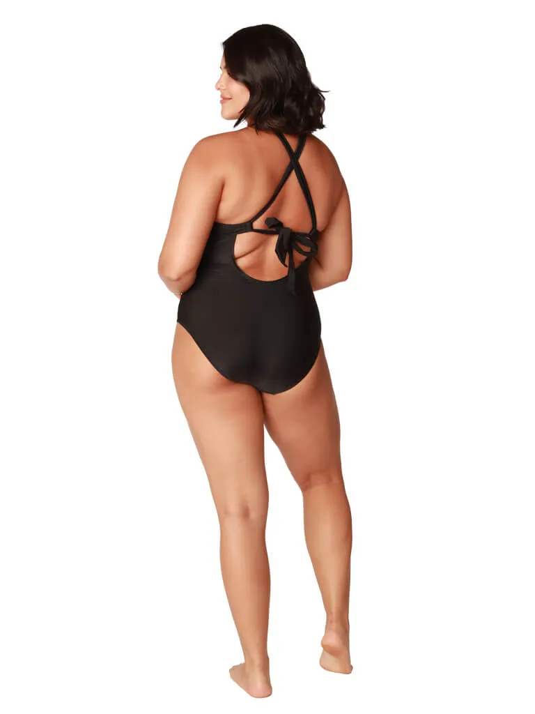 Lace-up front deep v-neck one piece bathing suit