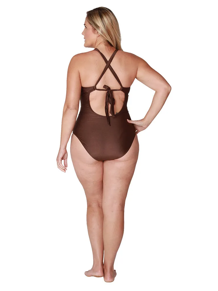 Lace-up front deep v-neck one piece bathing suit