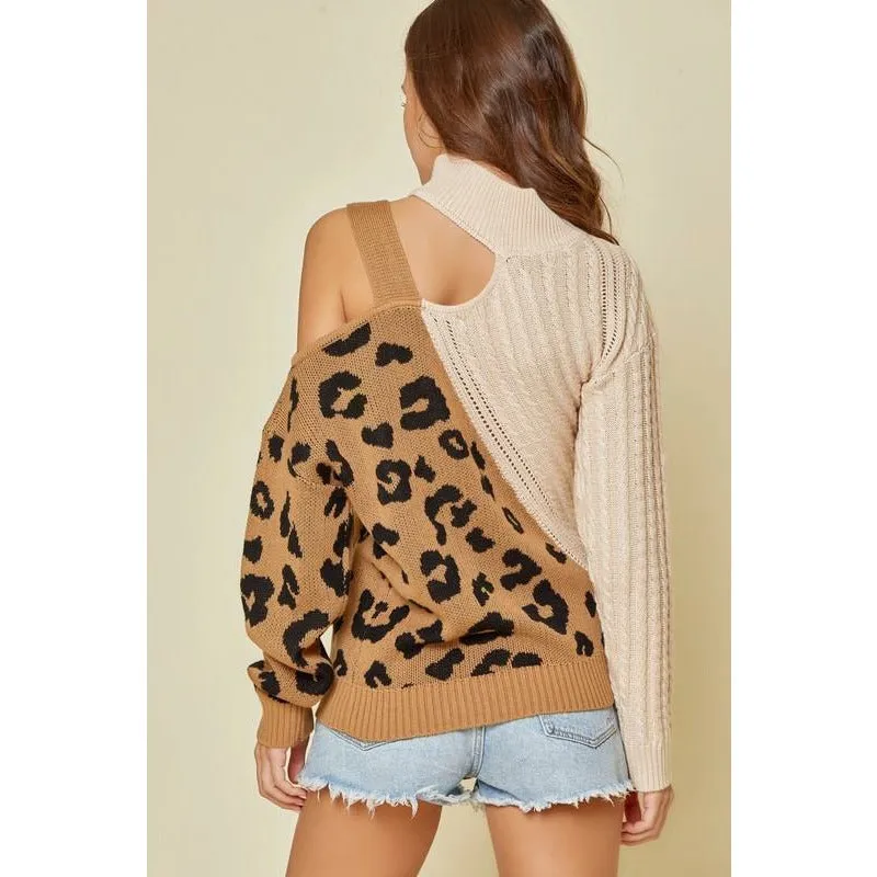 Leopard Cold Shoulder Strap Sweater