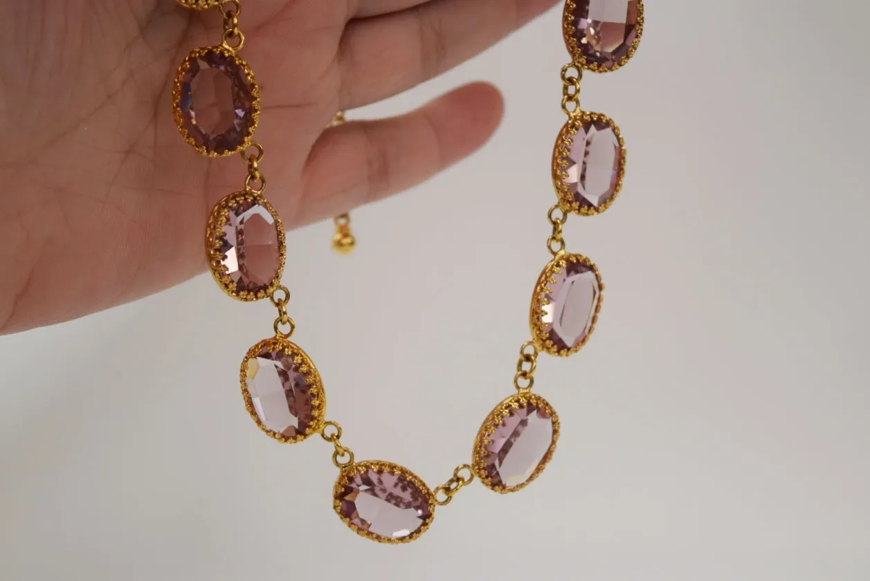 Light Amethyst Swarovski Crystal Collet Necklace - Large Oval