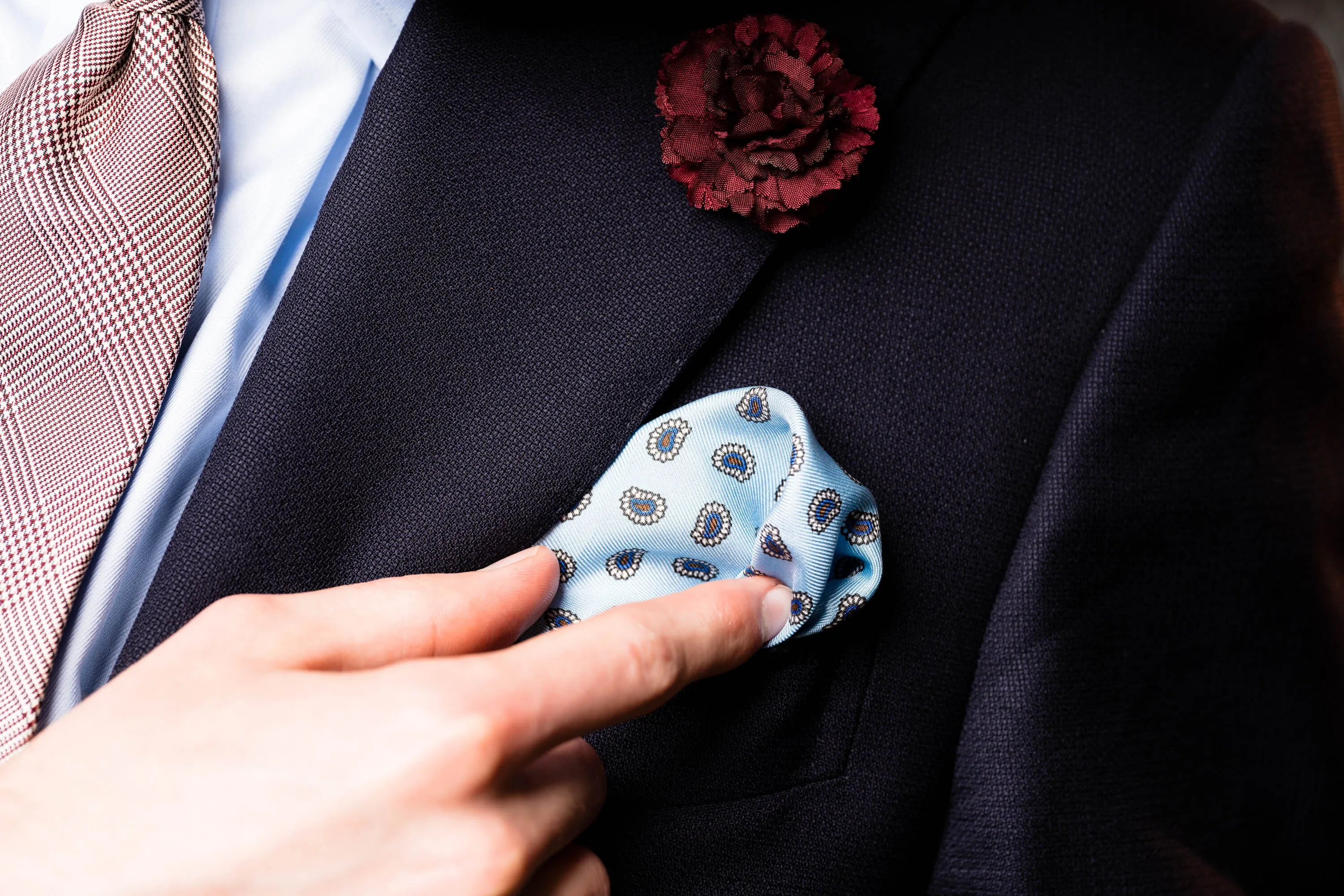 Light Blue Large & Small Paisley Silk Pocket Square