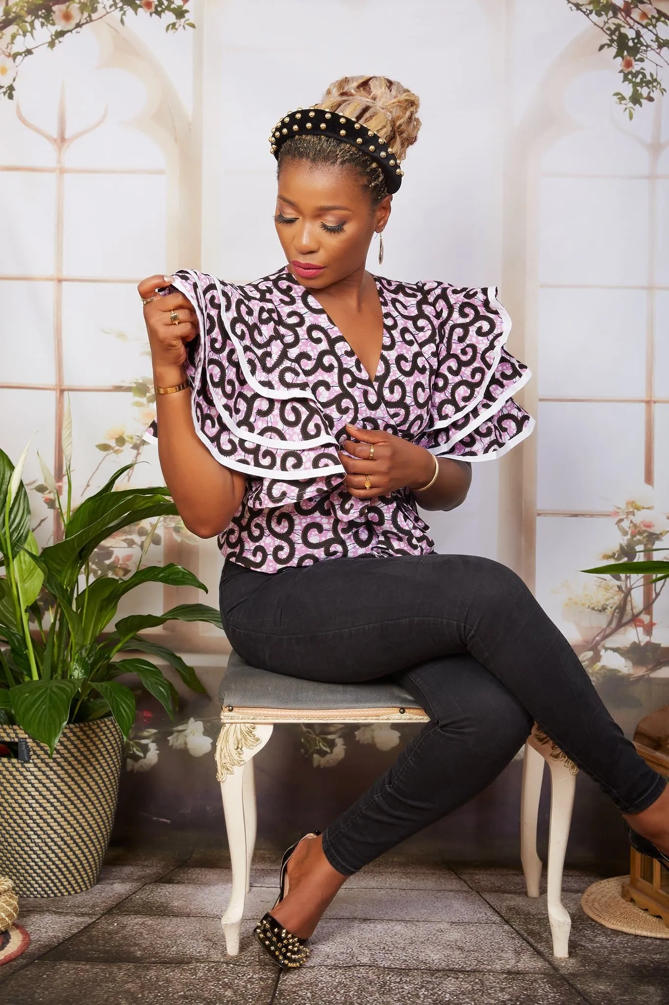 Liliac African Print Wrap Blouse with Exaggerated Sleeves- Nini