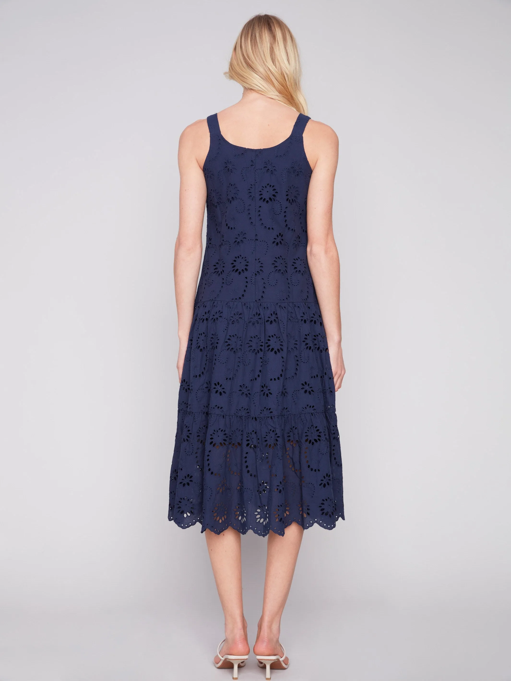 Long Sleeveless Cotton Eyelet Dress - Navy