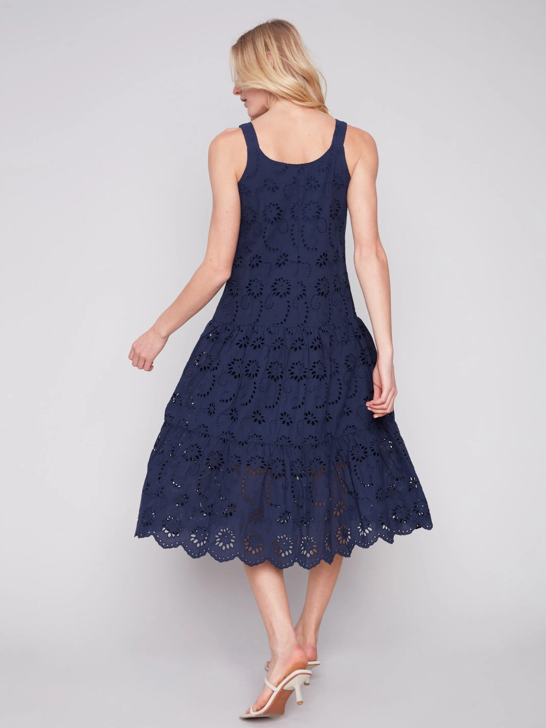 Long Sleeveless Cotton Eyelet Dress - Navy