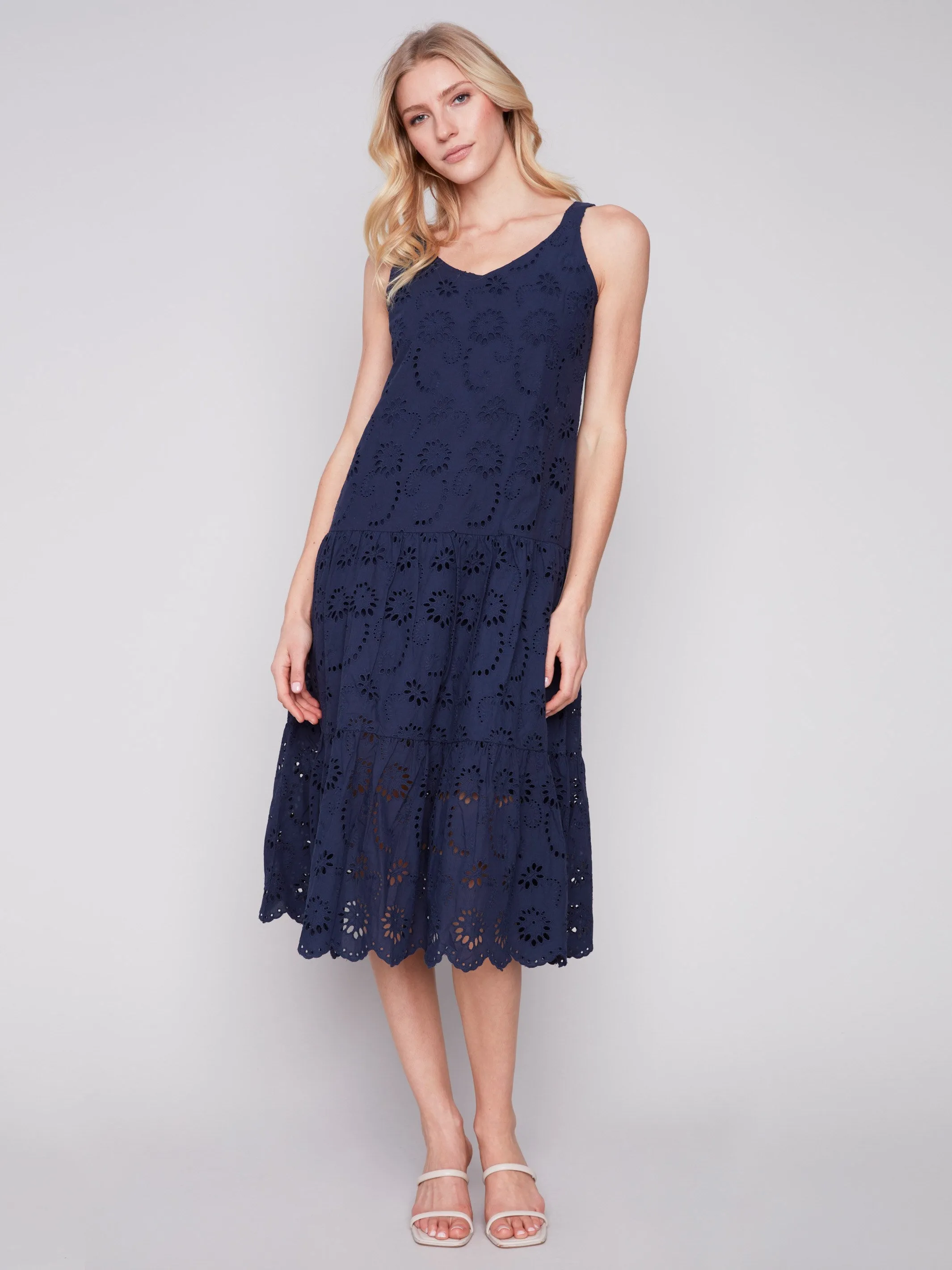 Long Sleeveless Cotton Eyelet Dress - Navy