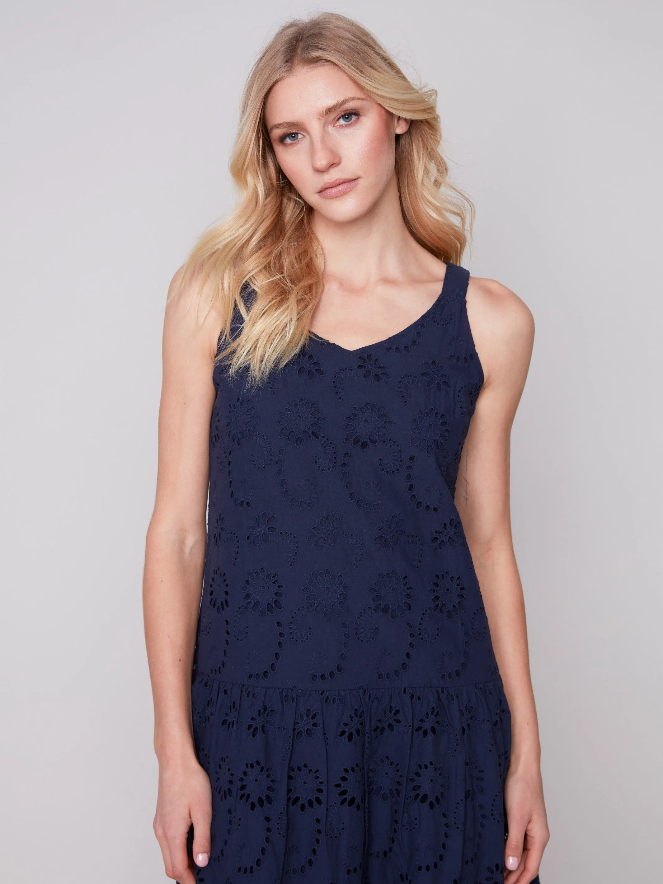 Long Sleeveless Cotton Eyelet Dress - Navy