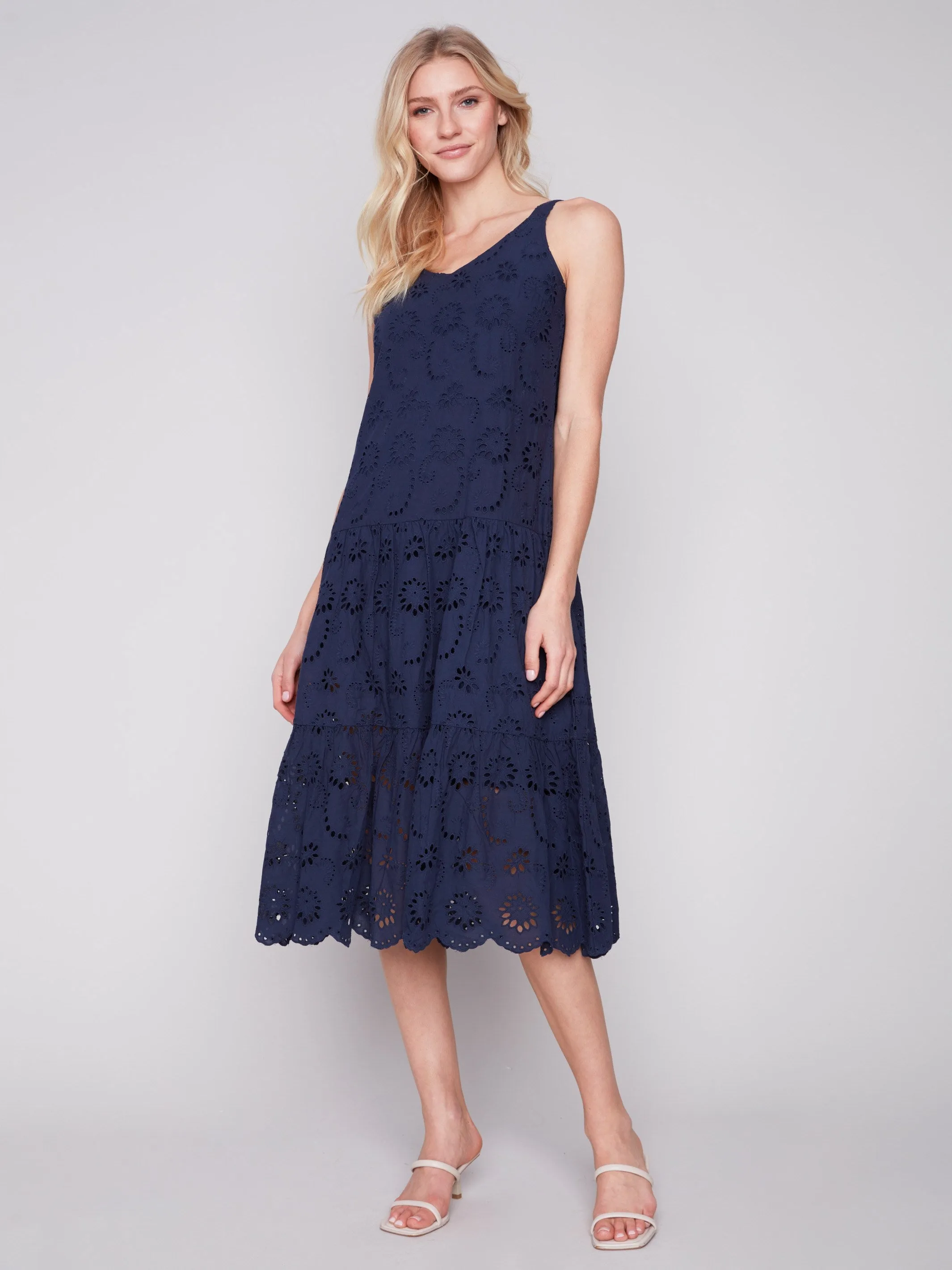 Long Sleeveless Cotton Eyelet Dress - Navy