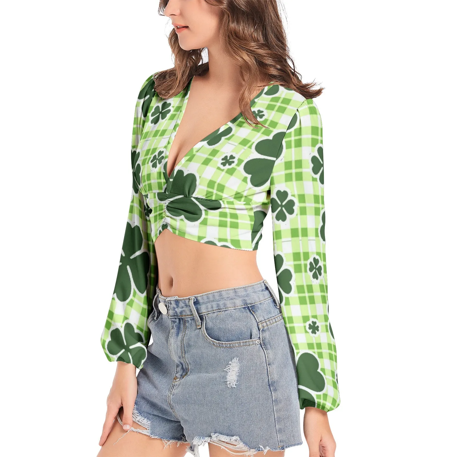 Luck of the Irish Women's Deep V-Neck Lantern Sleeve Crop Top