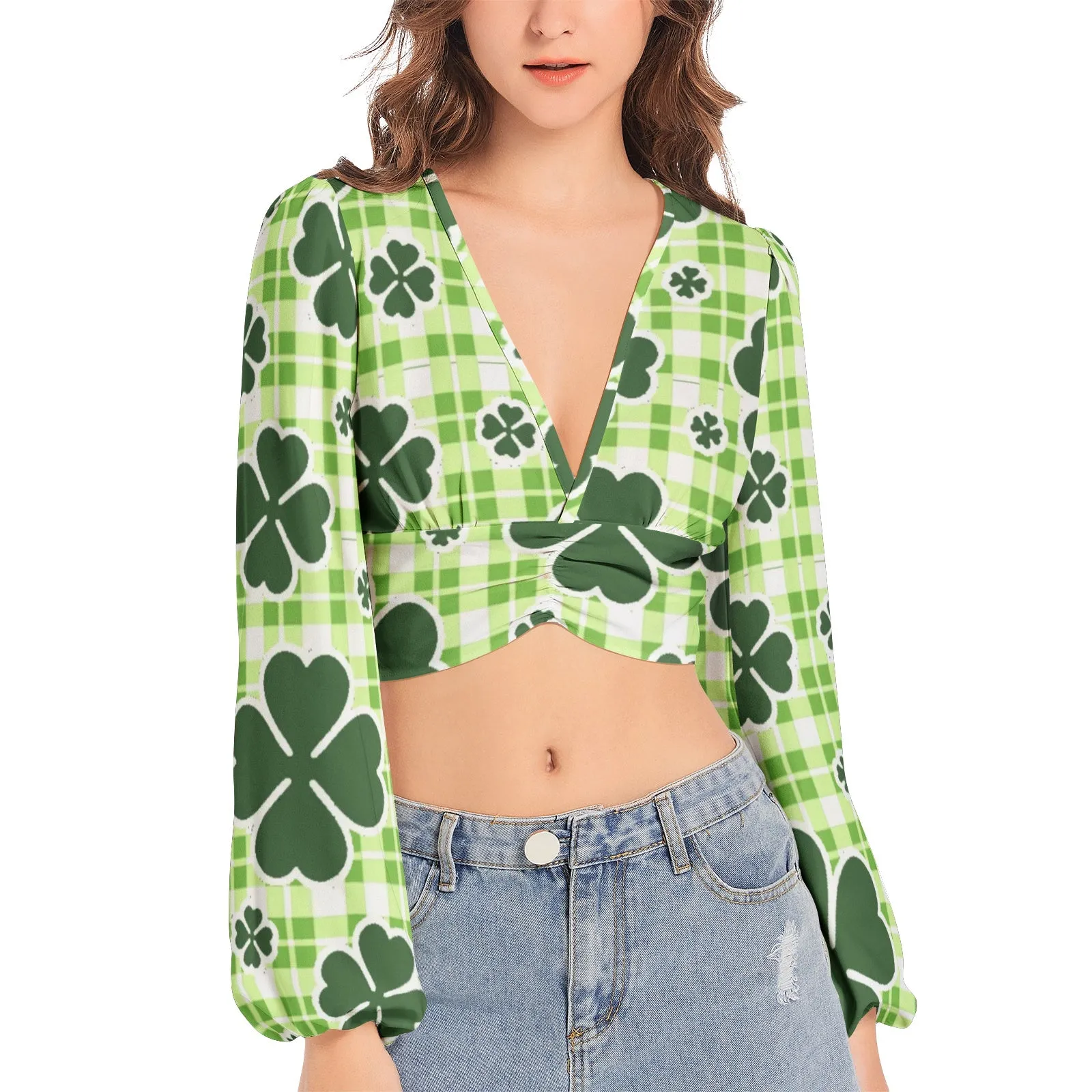 Luck of the Irish Women's Deep V-Neck Lantern Sleeve Crop Top