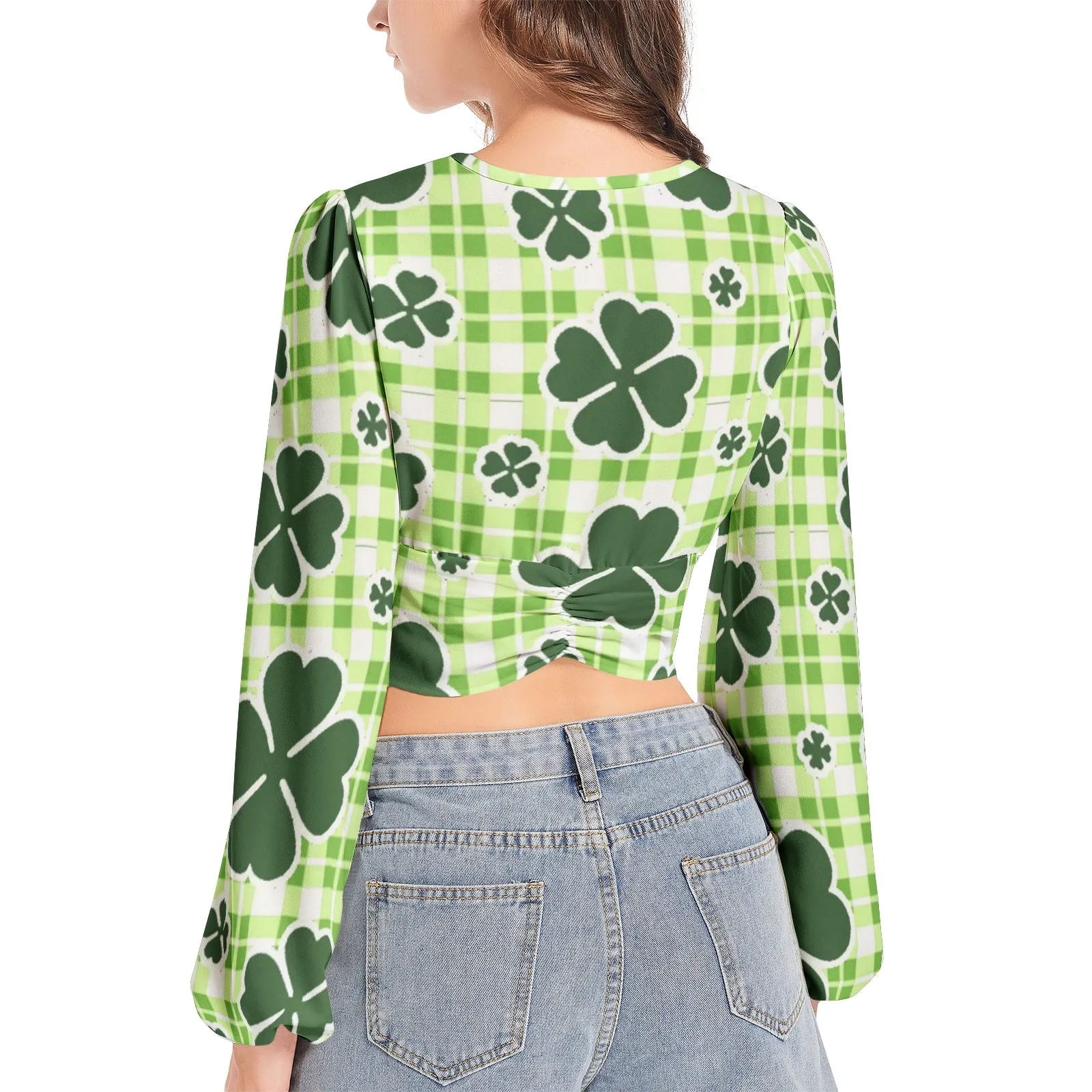 Luck of the Irish Women's Deep V-Neck Lantern Sleeve Crop Top